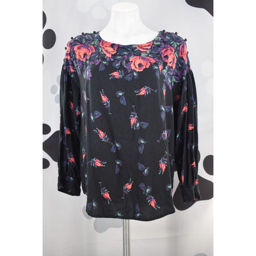 Maeve Anthropologie Gardenia Boat Neck Top Black Multi Color Floral Large - Picture 2 of 9